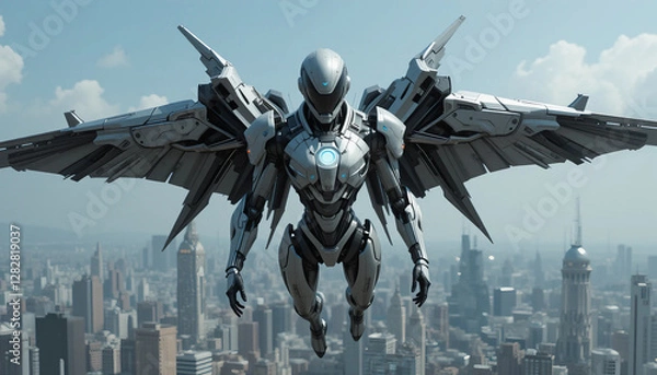 Fototapeta Futuristic Humanoid Robot with Wings Soars Over Sci-Fi Metropolis,futuristic robot, humanoid robot, sci-fi metropolis, mechanical wings, high-speed propulsion, aerodynamic design, sci-fi cityscape, fu