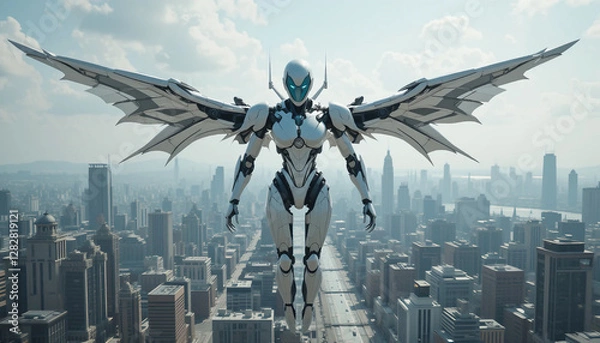 Fototapeta Advanced Robot with Mechanical Wings Hovering Above a Futuristic City,futuristic robot, humanoid robot, sci-fi metropolis, mechanical wings, high-speed propulsion, aerodynamic design, sci-fi cityscape