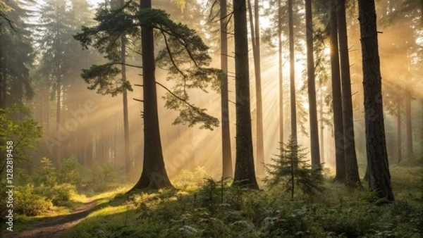 Fototapeta A serene forest scene with sunlight streaming through tall trees, creating a mystical atmosphere filled with fog and greenery.