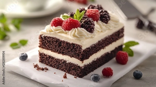Fototapeta A symphony of sweetness, a canvas of dark chocolate adorned with a cloud of creamy frosting and a cascade of vibrant fresh berries, a visual delight that tantalizes the senses and promises a