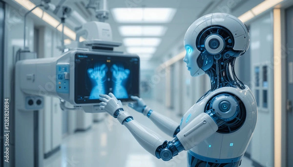 Fototapeta AI-Powered Medical Robot Diagnosing X-Rays in a Futuristic Hospital
