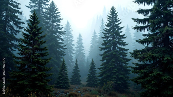 Fototapeta Whispers of Morning Light. A serene forest bathed in the soft glow of early morning light. Tall pine trees rise towards the sky, their silhouettes softened by a gentle mist that lingers between the tr