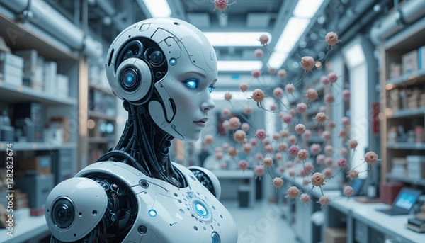Fototapeta The Crystal Core: A Hyper-Intelligent Robot Controlling a Drone Swarm
