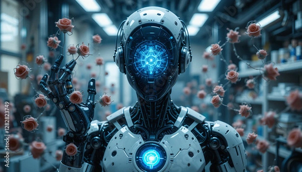 Fototapeta Futuristic AI: Humanoid Robot with Crystalline Core and Drone Army