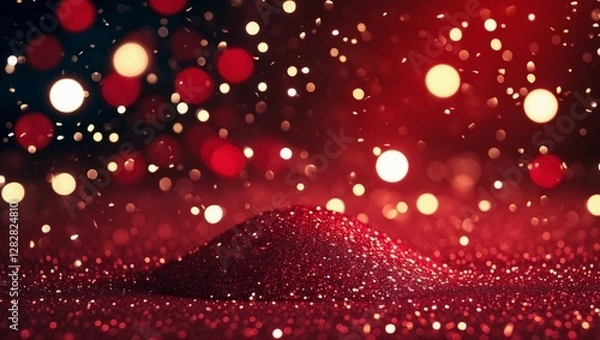 Fototapeta A deep red glitter background with soft glowing bokeh lights.