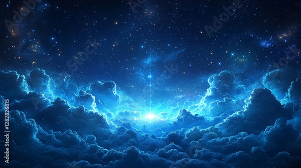 Fototapeta A serene blue sky with a radiant star at its center, surrounded by soft clouds and a glowing blue aura, symbolizing hope, guidance, and endless possibilities