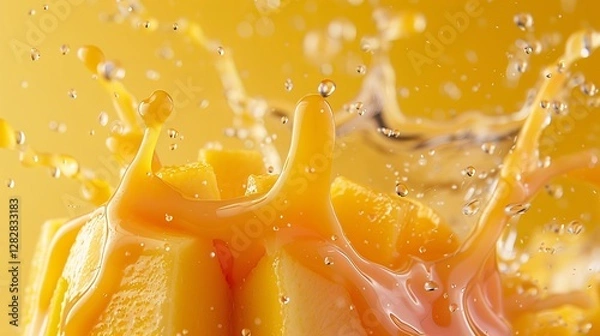 Obraz A vibrant splash of mango juice surrounds fresh mango cubes, creating a dynamic and colorful image.