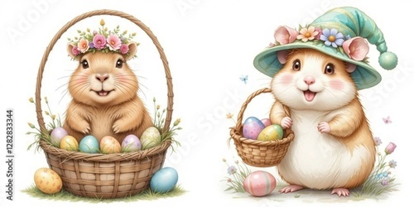Fototapeta Two Adorable Hamsters with Easter Baskets and Floral Headwear in a Festive Spring Celebration