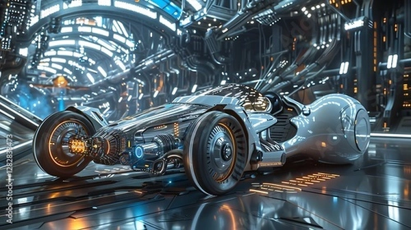 Fototapeta Futuristic Racing Vehicle in High-Tech Sci-Fi Environment with Neon Lights and Metallic Finish