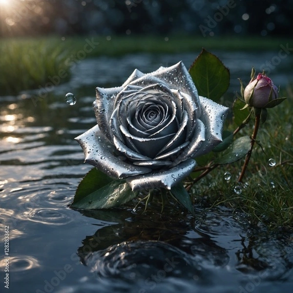 Obraz A mystical silver rose with shimmering petals, grass sparkling, with enchanted water in the background.