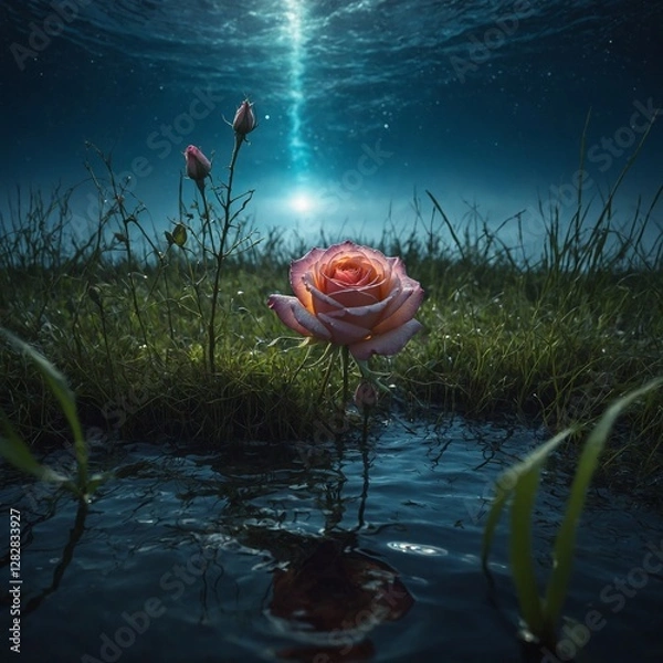Obraz A floating rose above grass, its roots glowing, with a surreal cosmic ocean behind.