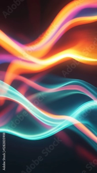 Fototapeta Vibrant neon light trails creating abstract colorful wave patterns on dark background