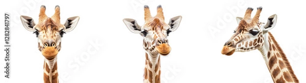 Fototapeta Three Giraffe Heads on White Background for Animal Photography Use, Isolated White Background