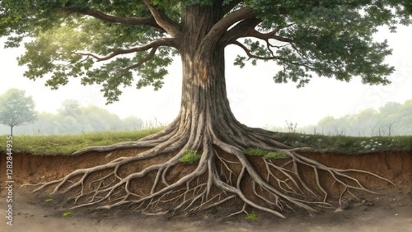 Obraz Ancient Tree's Root System: A majestic tree stands tall, its extensive root system spreading deep within the earth, a testament to nature's resilience and the interconnectedness of life.