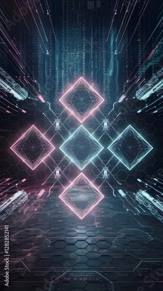 Fototapeta "Abstract Neon Argyle Grid: A Futuristic Cyberpunk Pattern with Glowing Holographic Diamonds, Digital Wireframes, Sci-Fi Glitch Effects, and AI Tech Aesthetics."