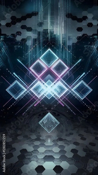 Fototapeta "Abstract Neon Argyle Grid: A Futuristic Cyberpunk Pattern with Glowing Holographic Diamonds, Digital Wireframes, Sci-Fi Glitch Effects, and AI Tech Aesthetics."