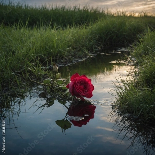 Obraz A lone rose in grass, symbolizing hope, with a reflection of the sky in the water.