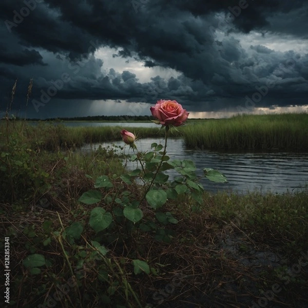 Obraz A wilting rose in dark grass, with storm clouds over a turbulent lake.