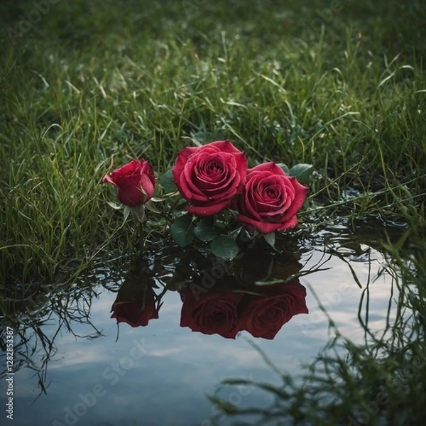 Obraz A pair of intertwined roses in grass, symbolizing love, with a heart-shaped reflection on the water.