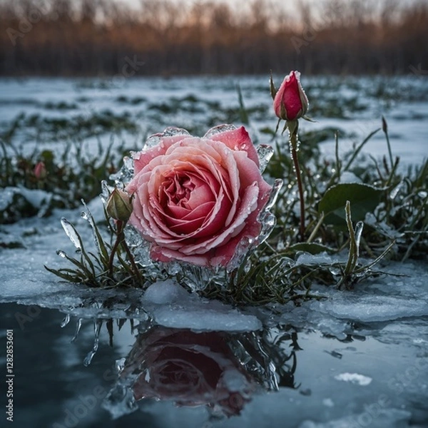 Obraz A blooming rose breaking through icy grass, symbolizing rebirth, with melting ice over the lake.