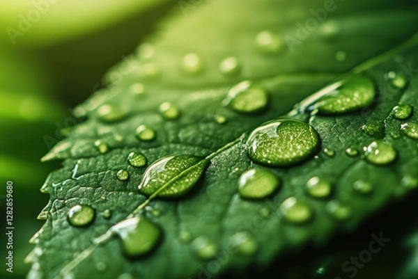 Fototapeta Dewdrops on green leaf, macro, garden, sunlight, nature, background blur, botany, website