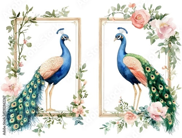 Obraz Two Peacocks in Elegant Ornate Frames with Roses