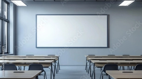 Obraz Blank whiteboard in a quiet, empty classroom, mounted on the wall with soft lighting and a clean, modern aesthetic