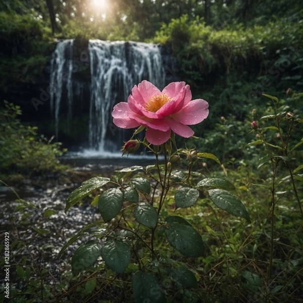 Obraz A wild rose in overgrown grass, beside a hidden jungle waterfall.