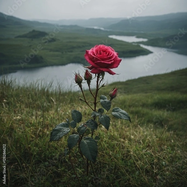 Obraz A thorny rose among thick grass, overlooking a misty valley and a vast lake.