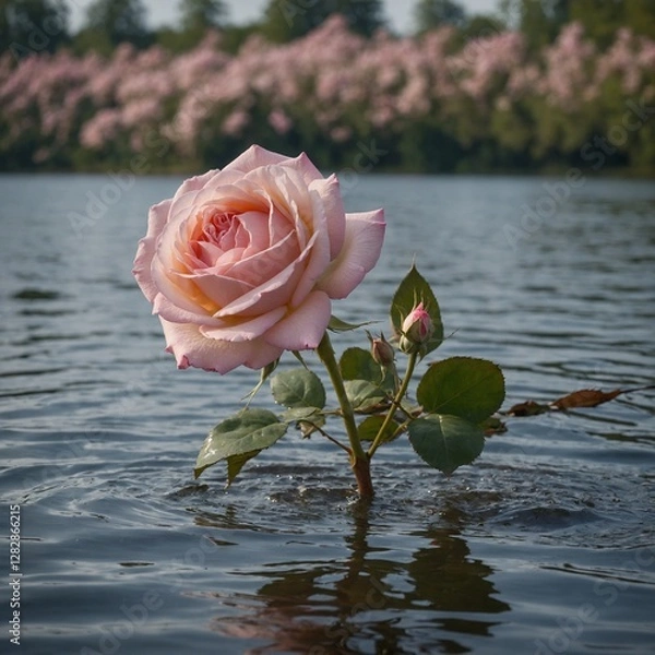 Obraz A soft pink rose swaying in the wind, beside a quiet, rippling lake.