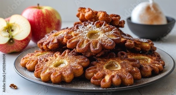 Fototapeta bunch of warm apple fritters on a plate on plain white background