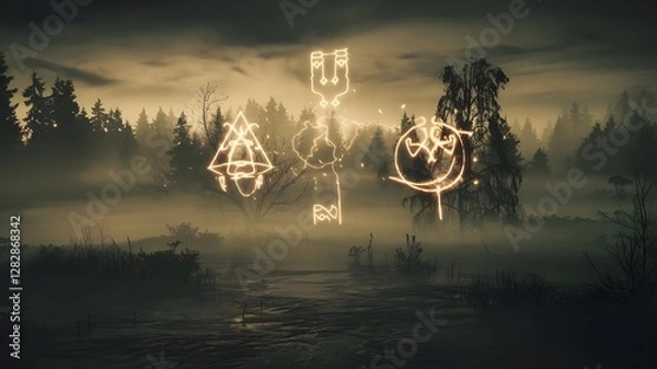 Fototapeta "Haunting Mist of Forgotten Spirits with Eerie Ghostly Fog, Paranormal Shadows, Ancient Runes, Eldritch Horror, Cursed Whispers, and Dark Supernatural Forces."