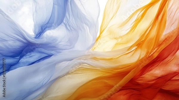 Fototapeta A vibrant blend of flowing fabrics in shades of blue, orange, and white, creating an ethereal and dynamic visual effect.