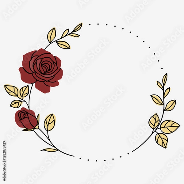 Obraz Floral wreath. Frame of garden red rose with stem and leaves. Hand drawn sketch. Vector stock illustration.	