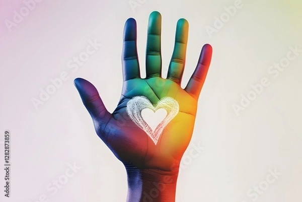 Fototapeta A vibrant graphic design for the International Day for the Elimination of Racial Discrimination, featuring a large, multicolored handprint with a bold red heart at its center.