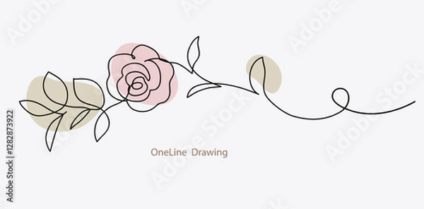 Obraz Abstract oneline drawing. Decorative horizontal ornament with pink rose and leaf. Beautiful blossoming hand drawn flower on white background. Line art for frame design. Vector stock illustration