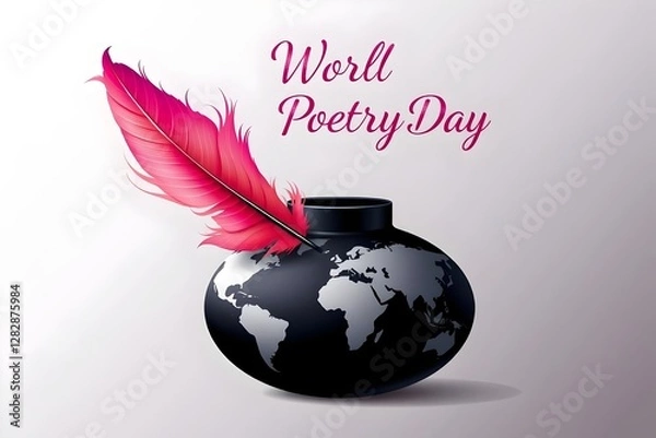 Fototapeta A vibrant graphic design for World Poetry Day featuring a stylized feather in ombre shades of plum purple, blushing pink, and tangerine orange, delicately placed in a sleek black inkwell.