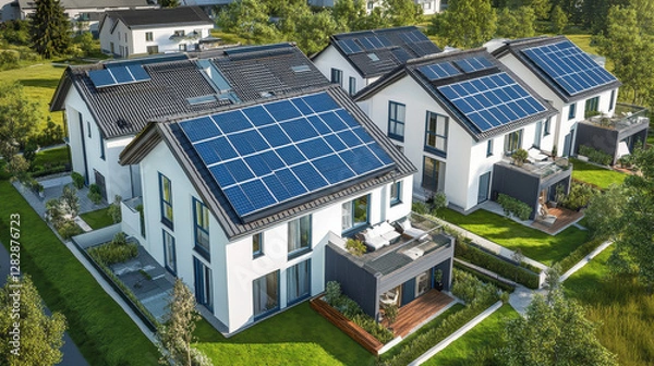 Fototapeta Solar-Powered Suburb: An aerial view showcases a row of modern homes, each adorned with solar panels on the rooftops, highlighting sustainable living and eco-conscious architecture.