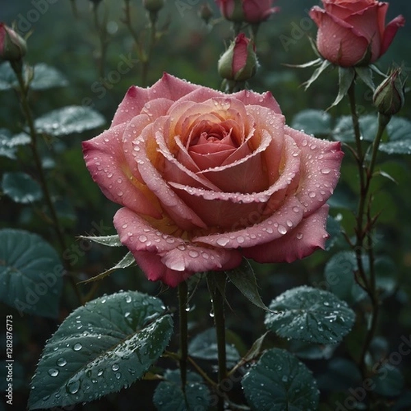 Obraz A high-angle shot of a rose in morning dew, water glistening in the distance.