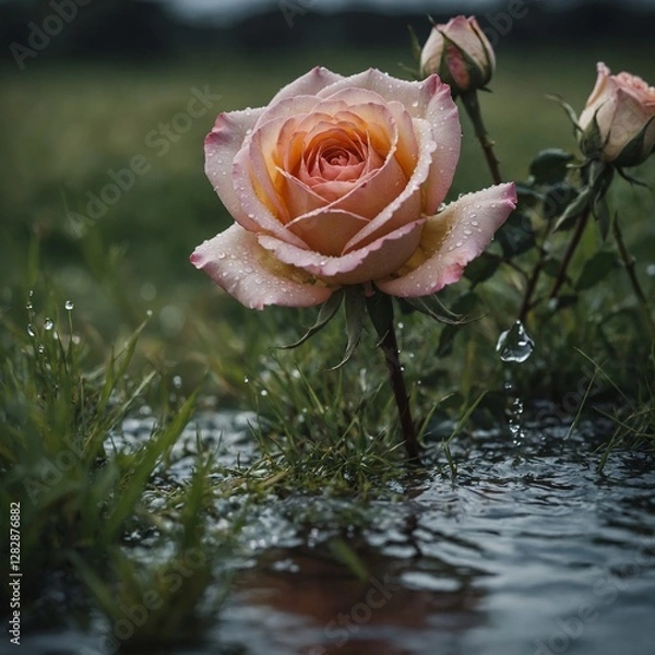 Obraz A close-up of a delicate rose with blurred grass and water in the background.