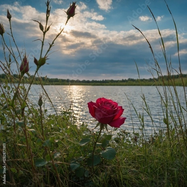 Obraz A rose seen through blades of grass, the lake and sky blending softly in the distance.