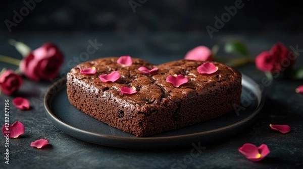 Fototapeta Heart brownie, roses, dark background, Valentine's