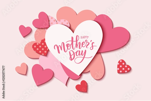 Obraz Mother's Day design template. White, red, pink and with polka dot heart with Happy Mother's Day calligraphic lettering text. Vector stock illustration.