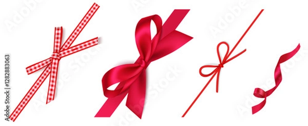 Obraz Set of wonderful diagonally decorative Christmas red bow, swirl ribbon isolated on white. Beautiful Valentine's day or birthday corner decoration for your wrapping design. Vector stock illustration.