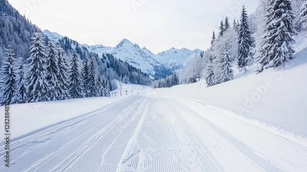 Obraz Snowy Ski Trail Through Mountain Valley