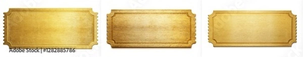 Fototapeta Three golden tickets with a gold border. The tickets are rectangular and have a gold color. The tickets are placed next to each other, creating a sense of unity and harmony