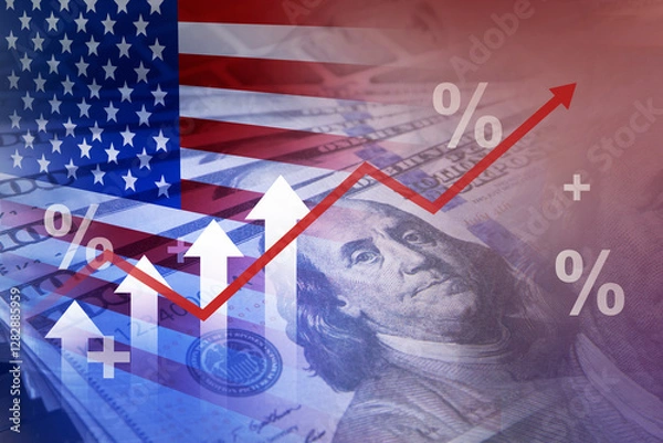 Fototapeta US tariff rate rising , trade policy , business graph and dollars banknote , tax calculation change 