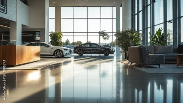 Fototapeta Empty dealership with modern, open design and sleek decor. Featuring neutral tones and spacious layout