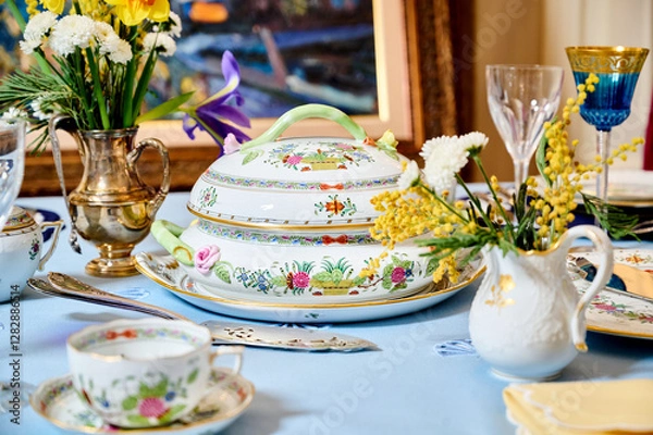 Obraz Vintage bicentennial porcelain in excellent condition with handmade spring flowers. Magnificent spring setting Herend