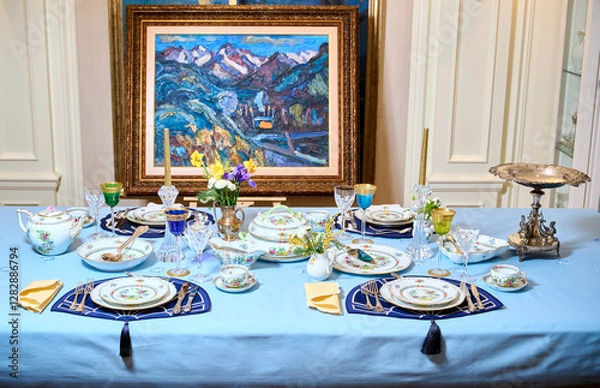 Obraz Vintage bicentennial porcelain in excellent condition with handmade spring flowers. Magnificent spring setting Herend